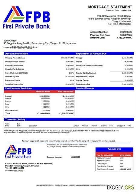 Modèle Word et PDF de relevé hypothécaire de Myanmar First Private Bank
